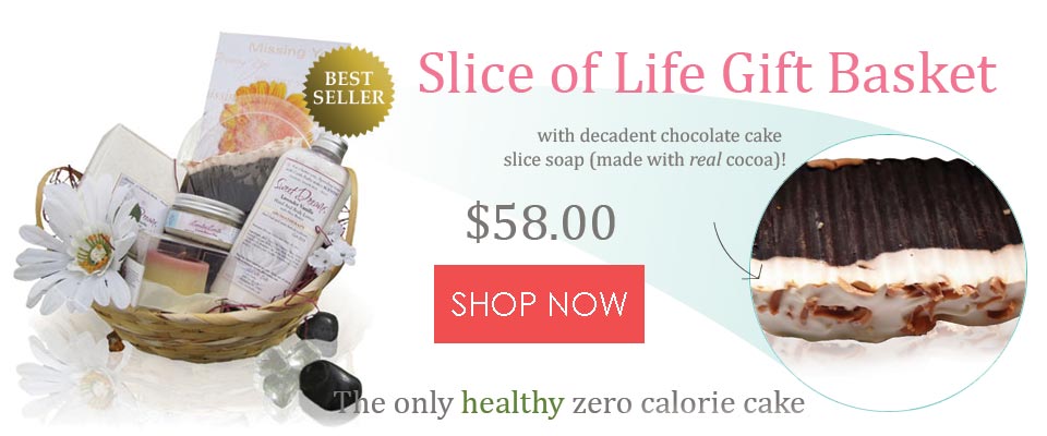 slice of life spa gift basket with chocolate cake soap